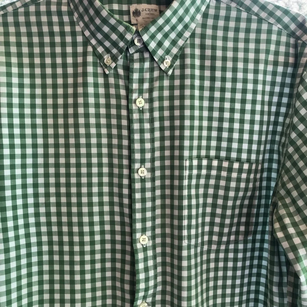 J Crew Gingham Washed Casual  Men's Green/White Dress Shirt Size L